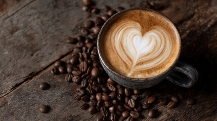 Cup of coffee latte with heart shape and coffee beans on old wooden background, Generative AI.