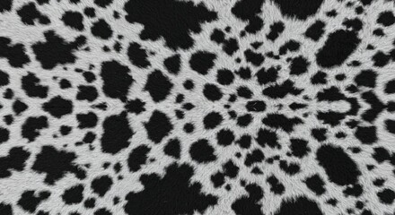 Seamless camouflage pattern of soft fluffy cowhide with large mottled spots, resembling dalmatian or calico cat markings, a realistic black-and-white long pile animal print rug