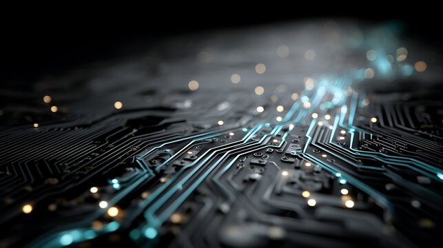 Abstract futuristic circuit board with glowing blue pathways on dark metallic surface, digital technology interface concept, electronics engineering design for high tech system and branding