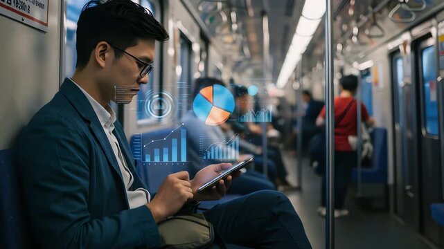 Young man checks data on phone in subway car with holographic charts