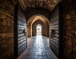 Ancient stone passageway with arched doorway