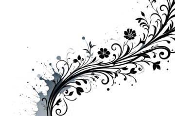 Black floral swirl design with ink splatter isolated on white background
