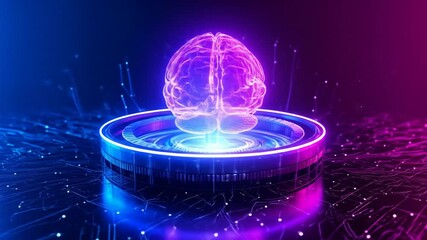 Digital brain on futuristic glowing platform. - Powered by Adobe
