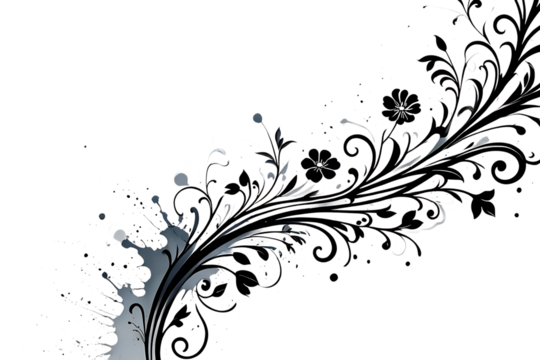 Black floral swirl design with ink splatter isolated on white background
