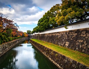 Fototapeta premium Autumnal canal and stone walls