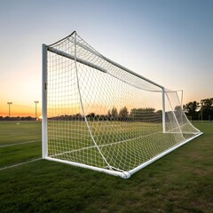 Fototapeta premium Empty soccer goal on a grassy field at sunset