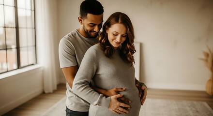 Expectant couple embraces, radiating love and excitement for their growing family in warm, natural light
