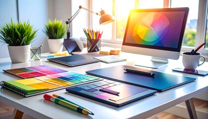 Bright workspace with color palettes, graphic tablet, and computer screen displaying color wheel