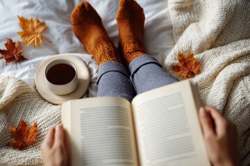 Woman relaxing in bed with wool socks, sipping tea, and enjoying a book while embracing the cozy vibes of autumn mornings