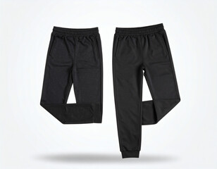 A pair of black athletic jogger sweatpants displayed in two ways, folded and unfolded, on a clean light gray background.