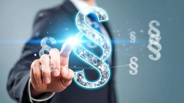 A businessperson in a suit points at a glowing digital section symbol. Additional section symbols float in the background