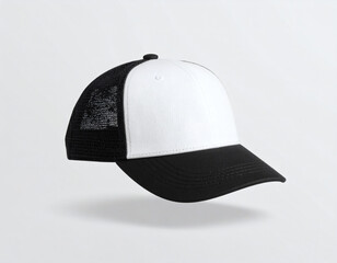 A black and white trucker hat with a mesh back and solid front, floating against a light grey background.