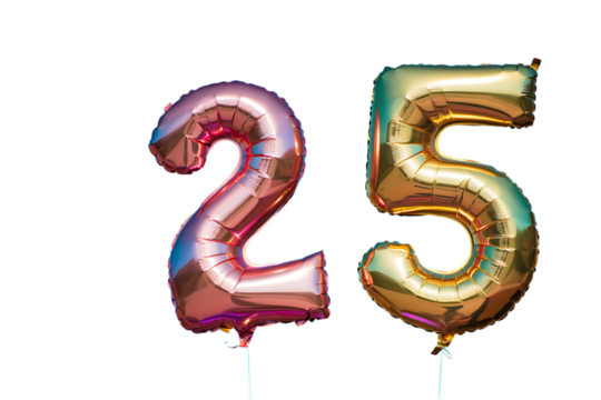 Gold and rose gold number 25 balloons against a blue sky
