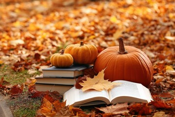 Pumpkins and open book with autumn maple leaf resting on colorful fall foliage create cozy atmosphere
