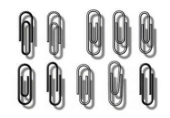 Collection of ten metallic paper clips arranged in two rows on a white background