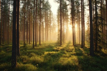 Fototapeta premium Sunlight filters through a misty pine forest