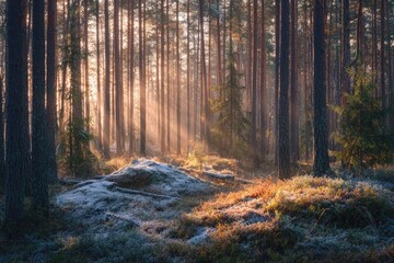 Fototapeta premium Golden sunlight streams through a frosty pine forest