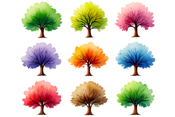 colorful watercolor trees isolated on white background, collection of nine plant, season nature