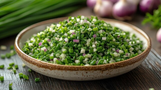 Chopped chives and red onions in a shallow bowl on a dark wooden surface - Powered by Adobe