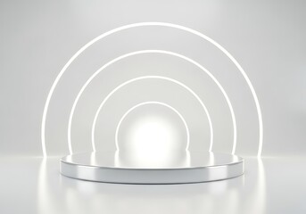 Naklejka premium Modern minimalist stage podium with glowing white arched light installation for product display