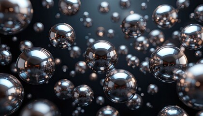 A cluster of reflective metallic spheres floating against a dark blurred background in a random arrangement