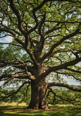 Fototapeta premium Majestic Ancient Oak Tree with Intricate Branches and Textured Bark Bathed in Golden Sunlight, Dominating Serene Landscape.