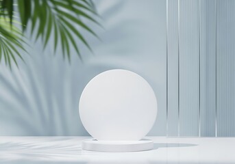 Clean white circular pedestal display for product presentation with tropical leaf shadows and soft blue background