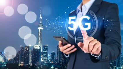 A businessperson points at 5G interface with city skyline backdrop, while holding a smartphone. Digital network imagery is overlaid - Powered by Adobe