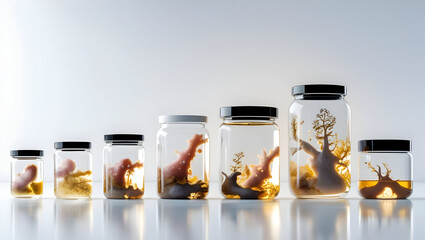 Assortment of biological tissue sample jars organized for research on white background