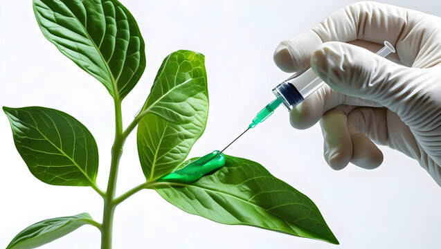 Researcher hand injecting dye into plant leaf sample for experiment on white background