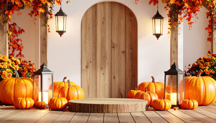 Obraz premium A festive autumn scene featuring pumpkins, lanterns, and a wooden platform, decorated with fall foliage.
