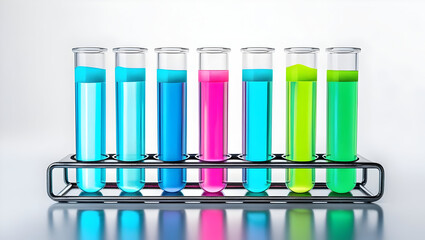 Test tube rack with glowing neon liquid samples arranged on white background