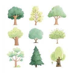 Nine Watercolor European Trees Perfect for Animation Projects. Ideal for adding charming nature elements to your 2D scenes.
