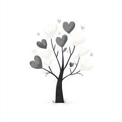 A grayscale heart-shaped leaf tree stands tall, its branches adorned with various sized hearts, symbolizing love and affection.