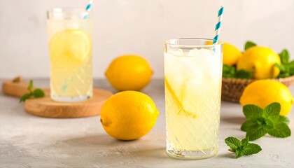 Fototapeta premium lemonade with ice cubes, lemon slices, and fresh mint leaves, copy space area