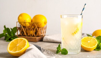 Fototapeta premium lemonade with ice cubes, lemon slices, and fresh mint leaves