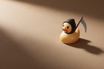Rubber duck wearing a black robe and holding a sickle on brown background, Halloween concept
