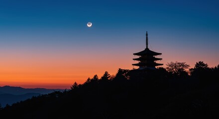 Obraz premium Serene Japanese Pagoda Silhouette with Crescent Moon in a Vibrant Twilight Sky