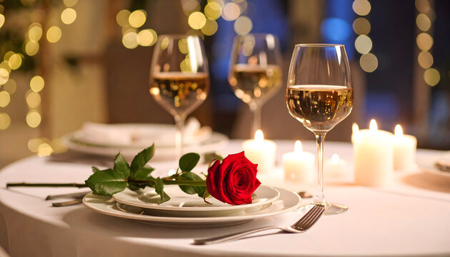Romantic Table Setting With A Single Red Rose And Lit Candles For A Special Celebration With Wine Glasses - Powered by Adobe