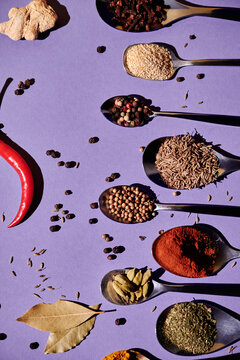 High angle vertical image of spoons lying in a row with paprika, pepper and other kinds of spices preparing for cooking food isolated on purple background