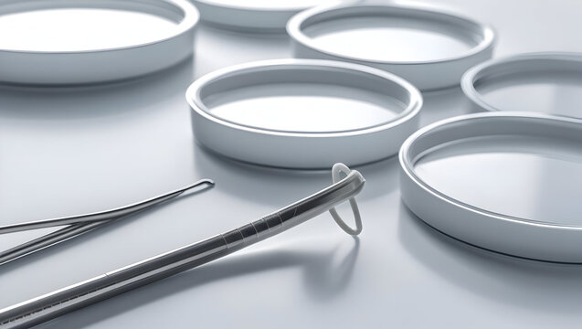 Microbiology inoculation loop placed beside Petri dishes on white background