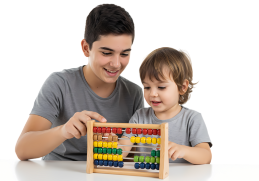 Brother and Young Brother Learning with Abacus isolated on transparent background