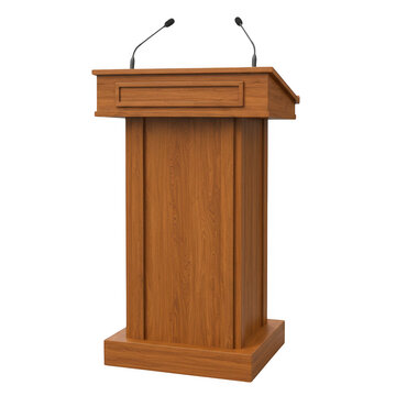 Wooden lectern for speech with microphones isolated on transparent background