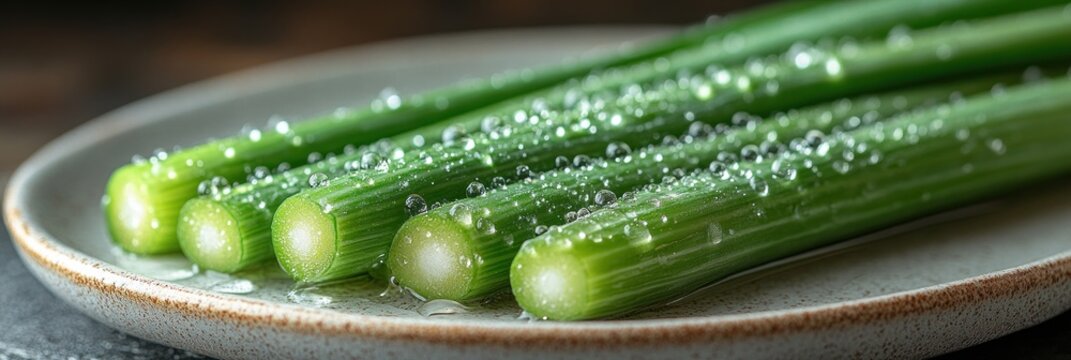 Close-up of sliced green vegetables, likely asparagus or a similar plant, on a plate - Powered by Adobe