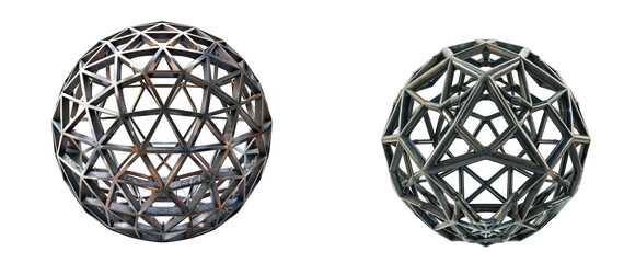 Two abstract geometric metal spheres with complex lattice structures, isolated on a transparent background