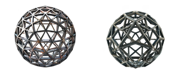 Two abstract geometric metal spheres with complex lattice structures, isolated on a transparent background