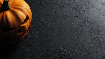 Minimal Halloween background, halloween pumpkin placed at far left on black background with copyspace