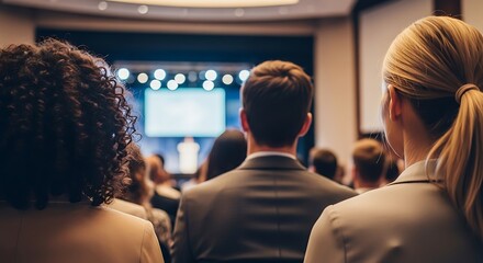 Diverse audience attentively watches presentation at modern conference, absorbing valuable insights.