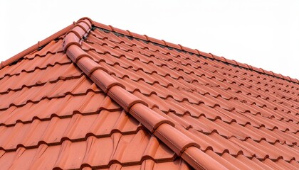 Naklejka premium Detailed view of a red tiled roof against a clear sky, highlighting architectural design and weatherproofing.