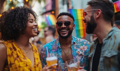 Inclusive image of happy multiracial colleagues socializing and having fun at an office summer party outdoors. Candid black and white coworkers enjoying after-work drinks, Generative AI